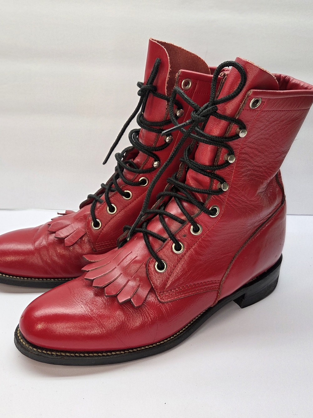Vintage Justin L0503 Boots Womens 7B Red Leather Kiltie Lace Up Western USA
